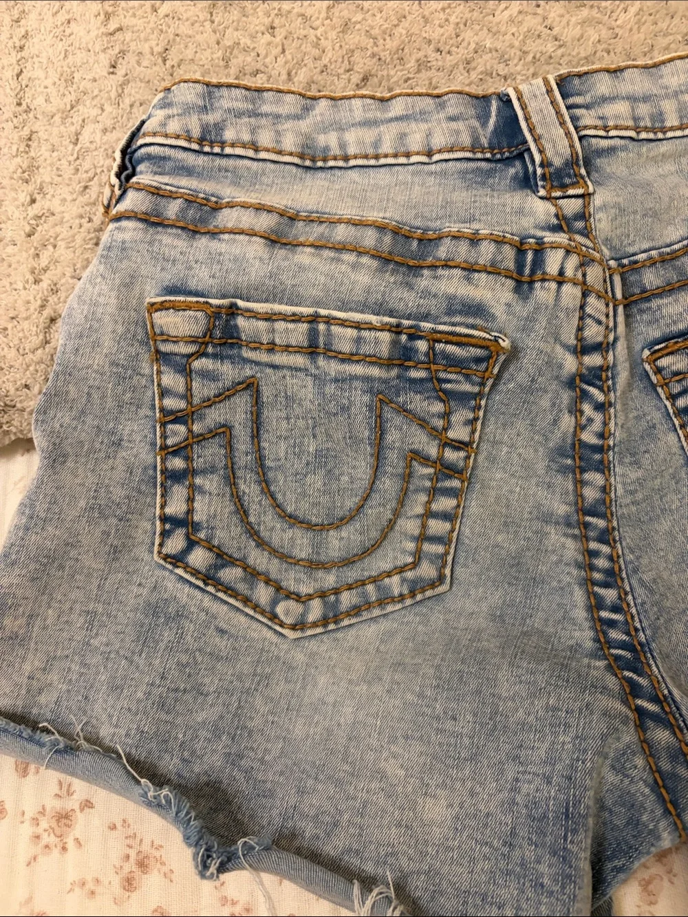True Religion Light Blue Distressed Denim Shorts